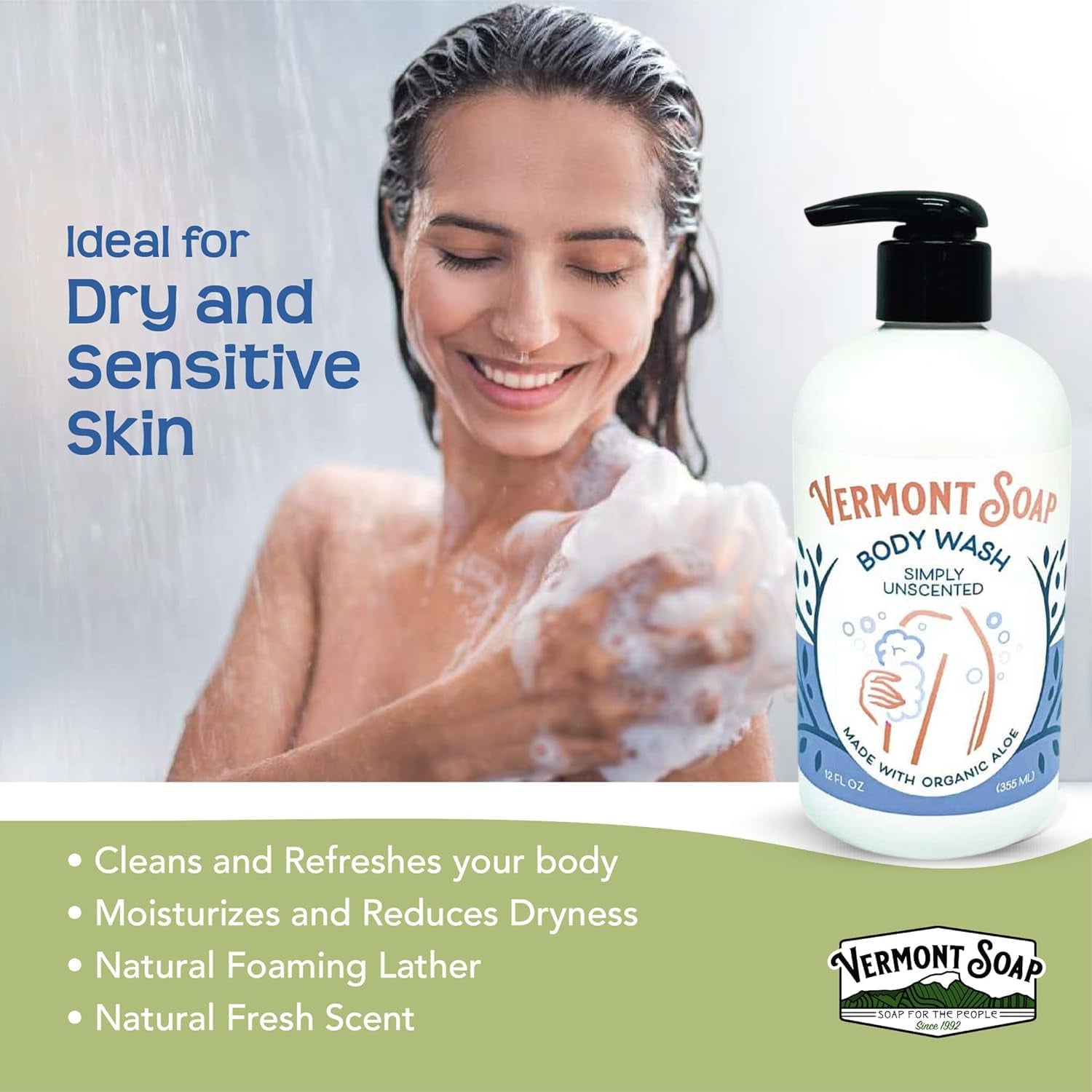 Body Wash, Natural Body Wash with Shea Butter, Mild Gel Body Wash for Moisturizing and Soothing Skin, Fragrance Free Body Wash for Women & Men (Simply Unscented, 12Oz)