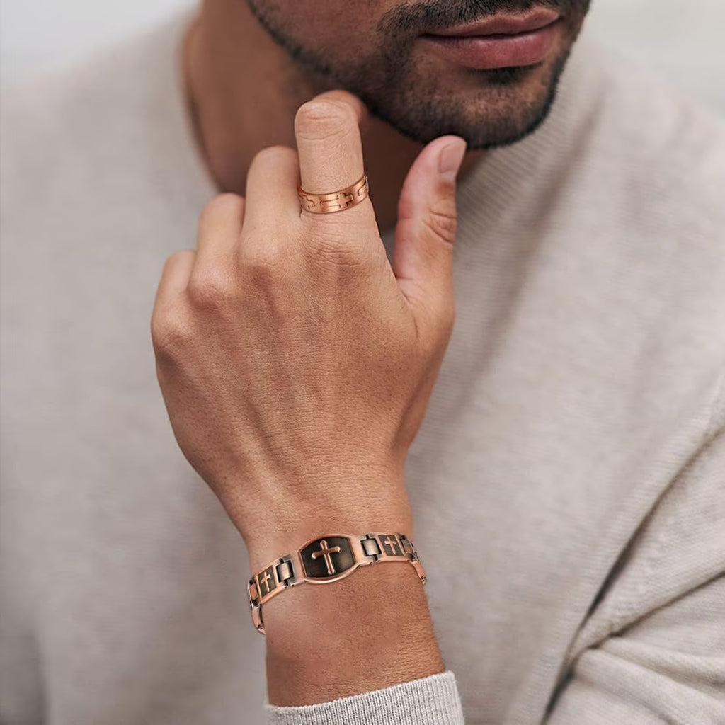 Magnetic Copper Bracelets& Ring for Men,Cross Design, Copper Jewelry Set