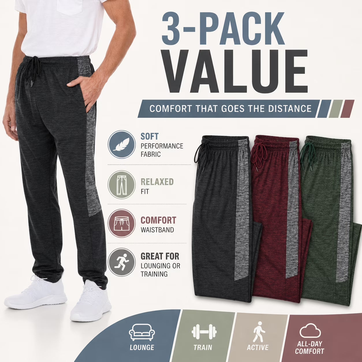 Men’S Dri-Fit Pants 3-Pack, Moisture-Wicking Open Bottom Athletic Pants with Pockets, Drawstring Waist, Sizes S-3XL