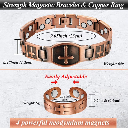 Magnetic Copper Bracelets& Ring for Men,Cross Design, Copper Jewelry Set