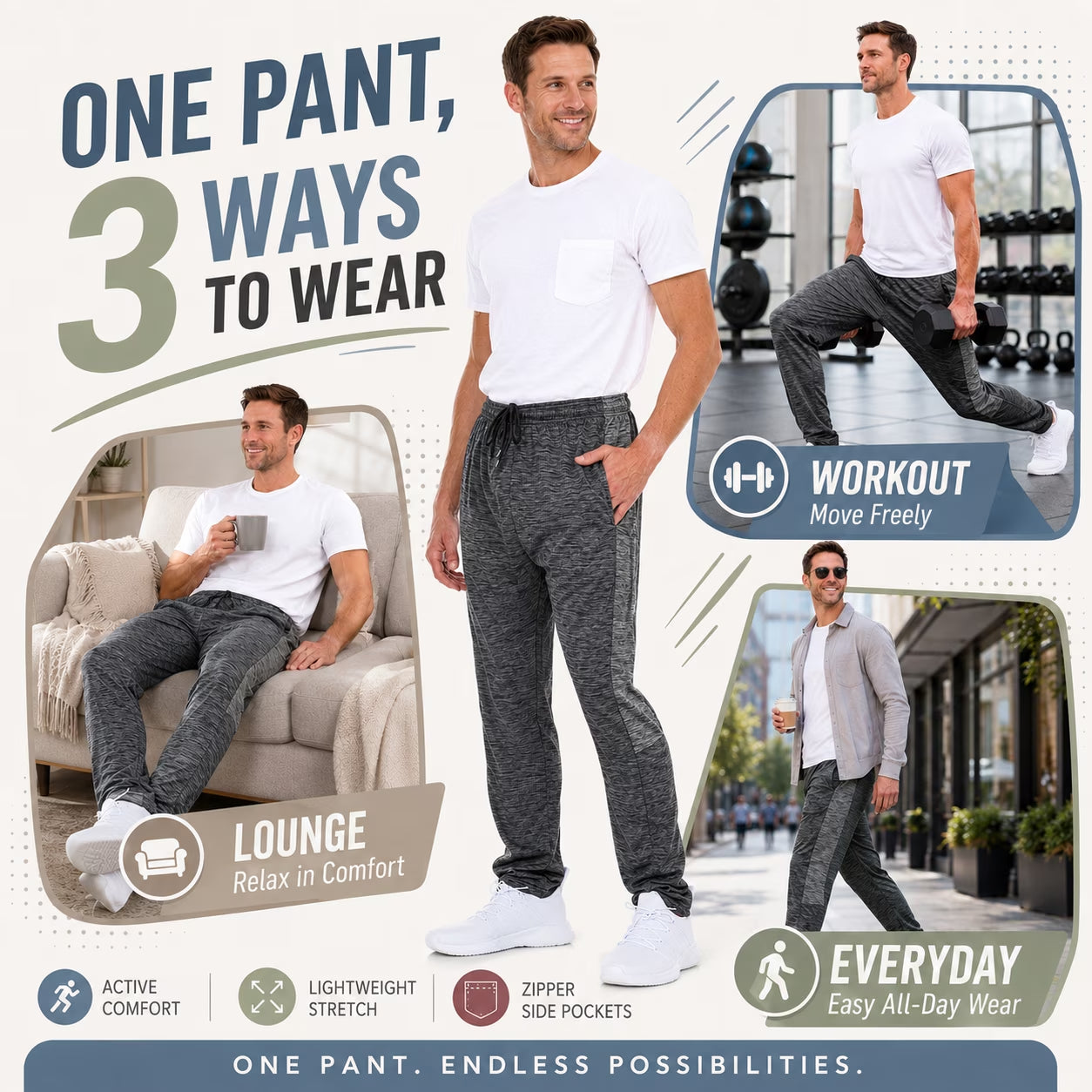 Men’S Dri-Fit Pants 3-Pack, Moisture-Wicking Open Bottom Athletic Pants with Pockets, Drawstring Waist, Sizes S-3XL