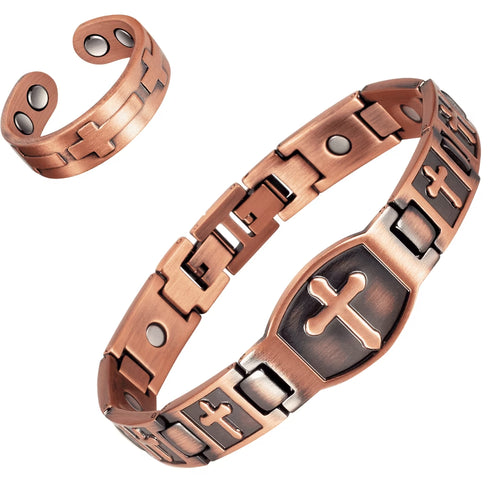 Magnetic Copper Bracelets& Ring for Men,Cross Design, Copper Jewelry Set