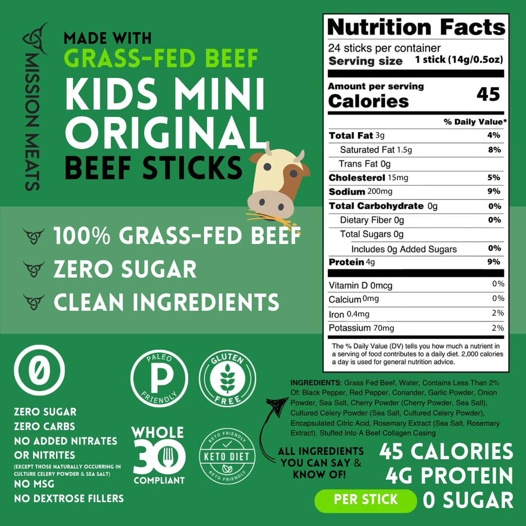 Kids Beef Sticks, 100% Grass Fed, Healthy Snacks for Kids, Zero Sugar, 4G Protein, 45 Calories Gluten & Nut Free, Individually Wrapped, Mini Sticks, 0.5Oz (24Ct Bag)