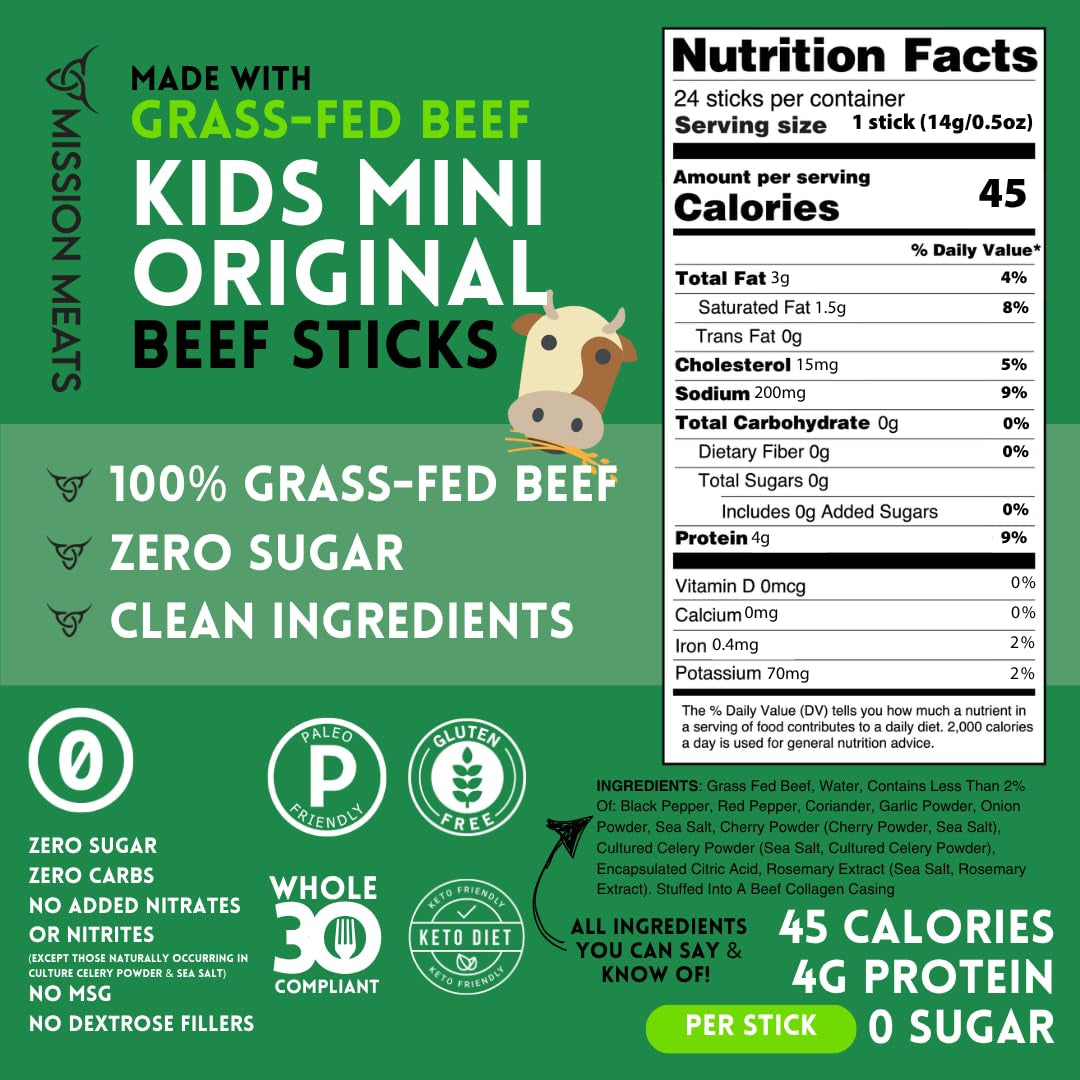 Kids Beef Sticks, 100% Grass Fed, Healthy Snacks for Kids, Zero Sugar, 4G Protein, 45 Calories Gluten & Nut Free, Individually Wrapped, Mini Sticks, 0.5Oz (24Ct Bag)