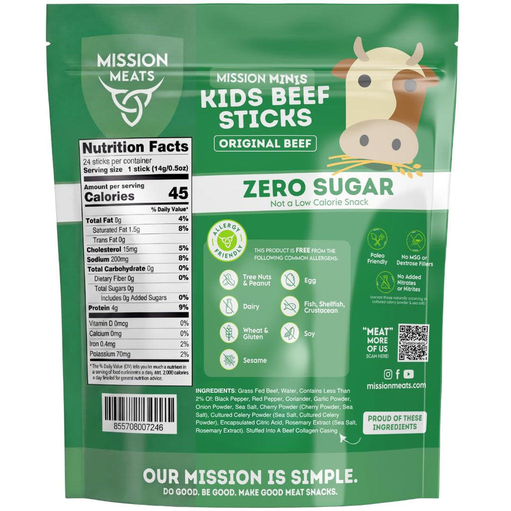 Kids Beef Sticks, 100% Grass Fed, Healthy Snacks for Kids, Zero Sugar, 4G Protein, 45 Calories Gluten & Nut Free, Individually Wrapped, Mini Sticks, 0.5Oz (24Ct Bag)