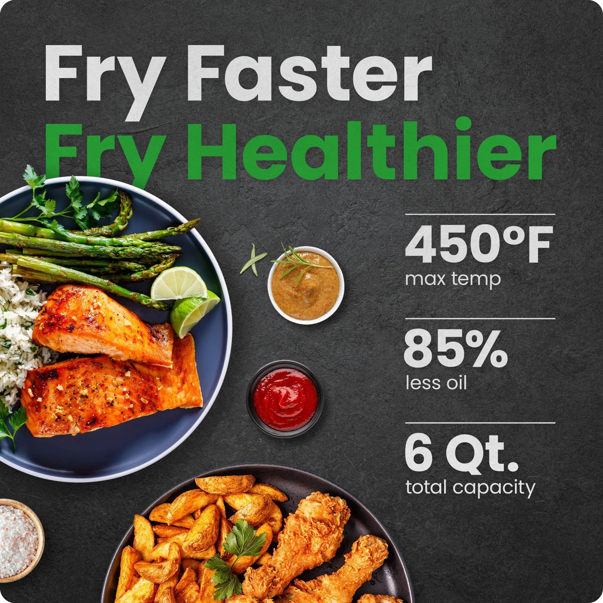 6 Qt. Air Fryer 4 Functions W/ Touch Controls, HI-FRY Button, Stainless Steel