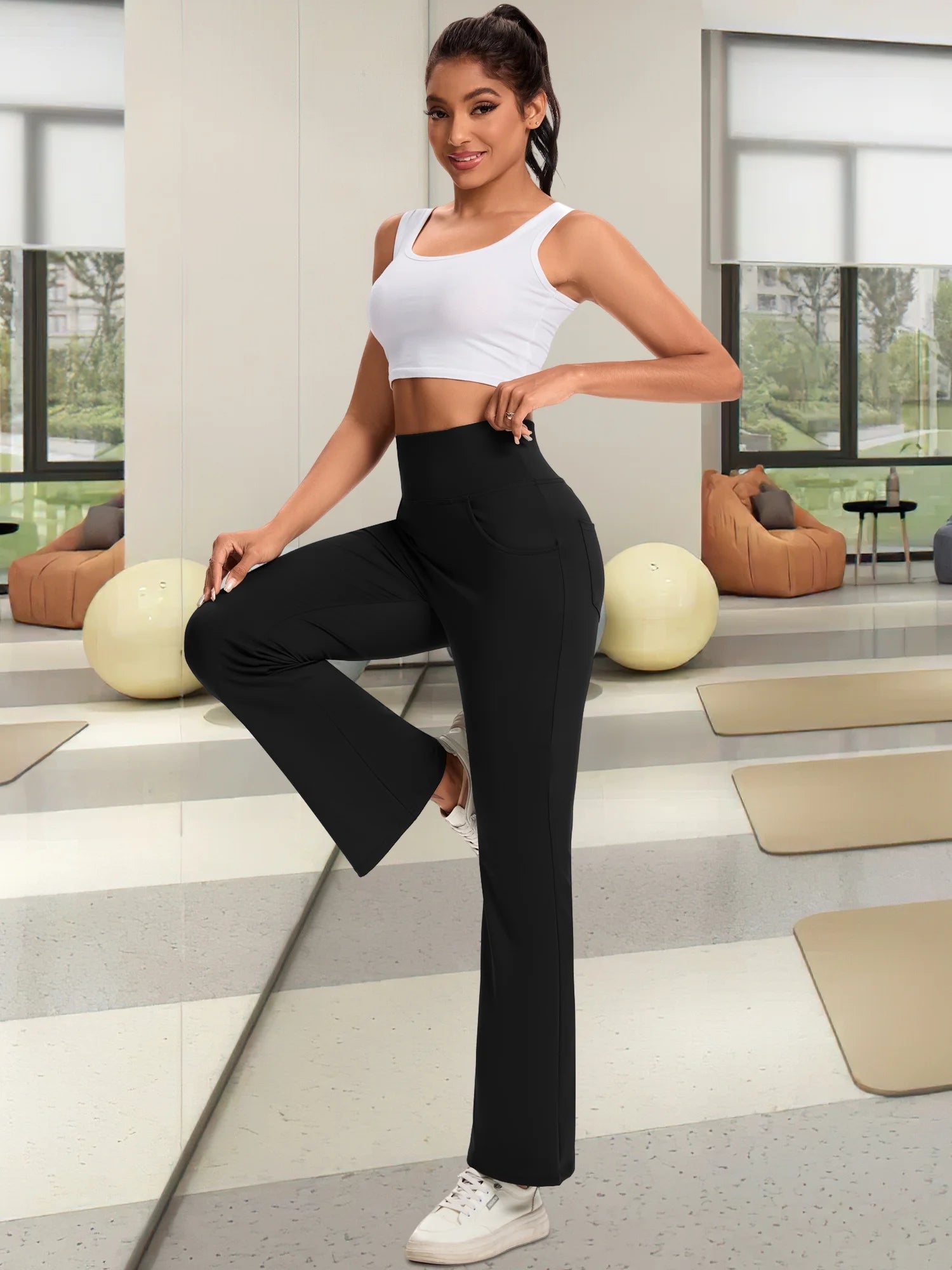 Women Flare Yoga Pants Workout Leggings Ankle Length Pockets Bootcut Bottoms High Waist Activewear L