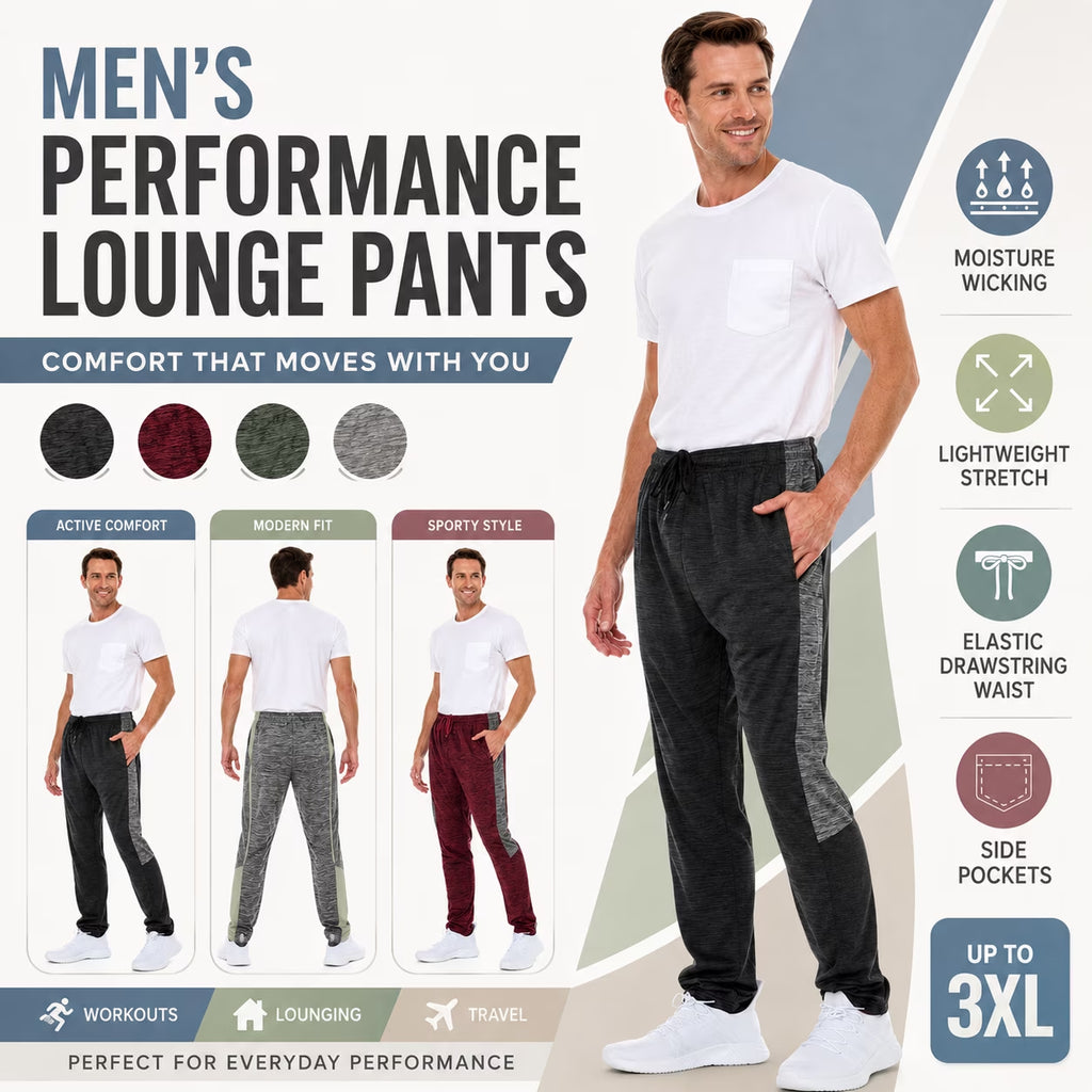 Men’S Dri-Fit Pants 3-Pack, Moisture-Wicking Open Bottom Athletic Pants with Pockets, Drawstring Waist, Sizes S-3XL