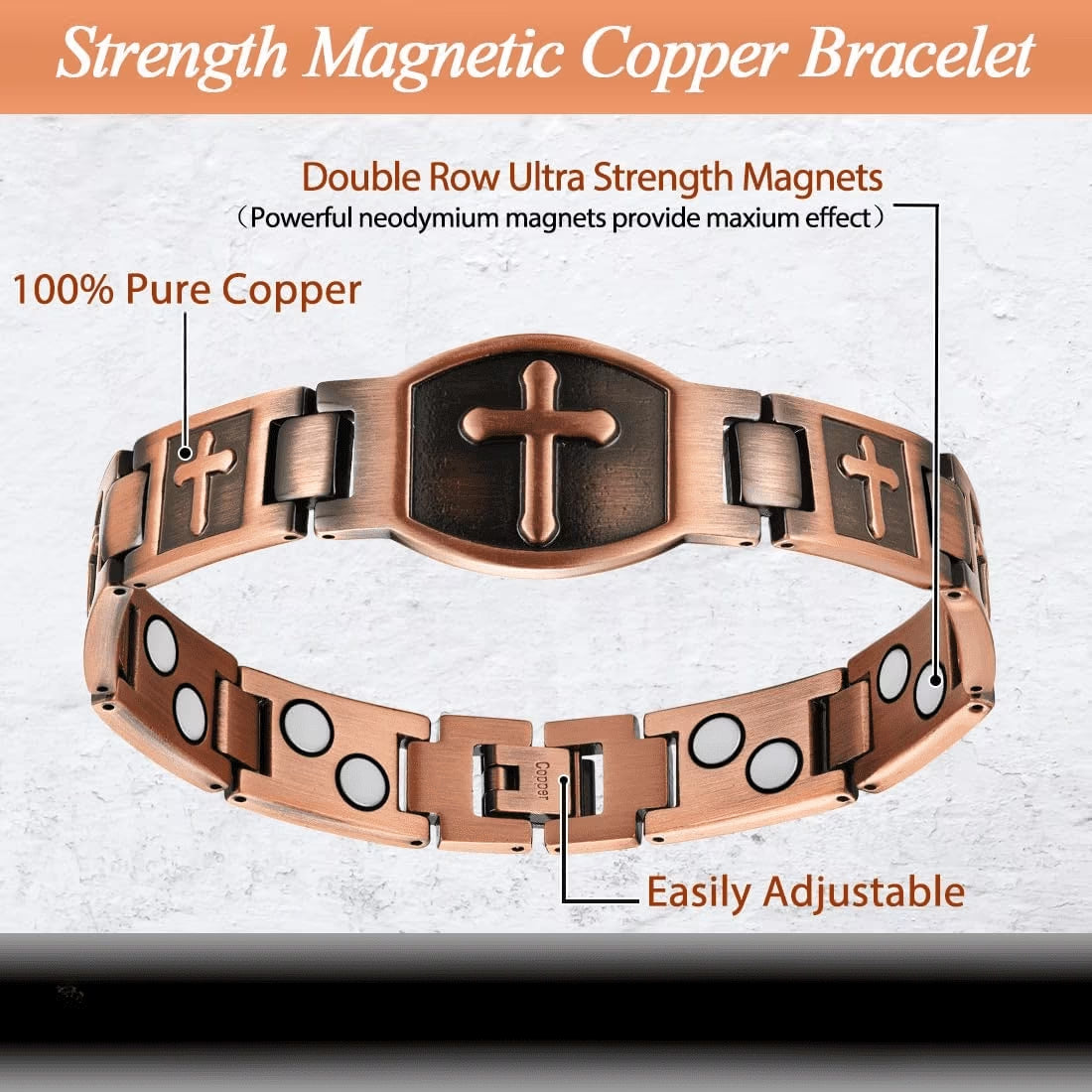 Magnetic Copper Bracelets& Ring for Men,Cross Design, Copper Jewelry Set
