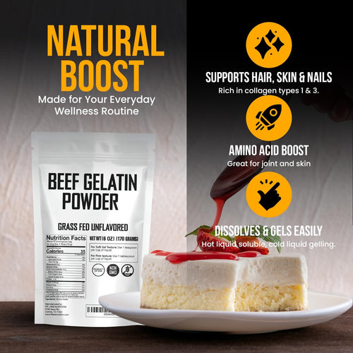 Beef Gelatin Powder 6 Oz - Unflavored, Grass-Fed Thickener for Candy & Sauces