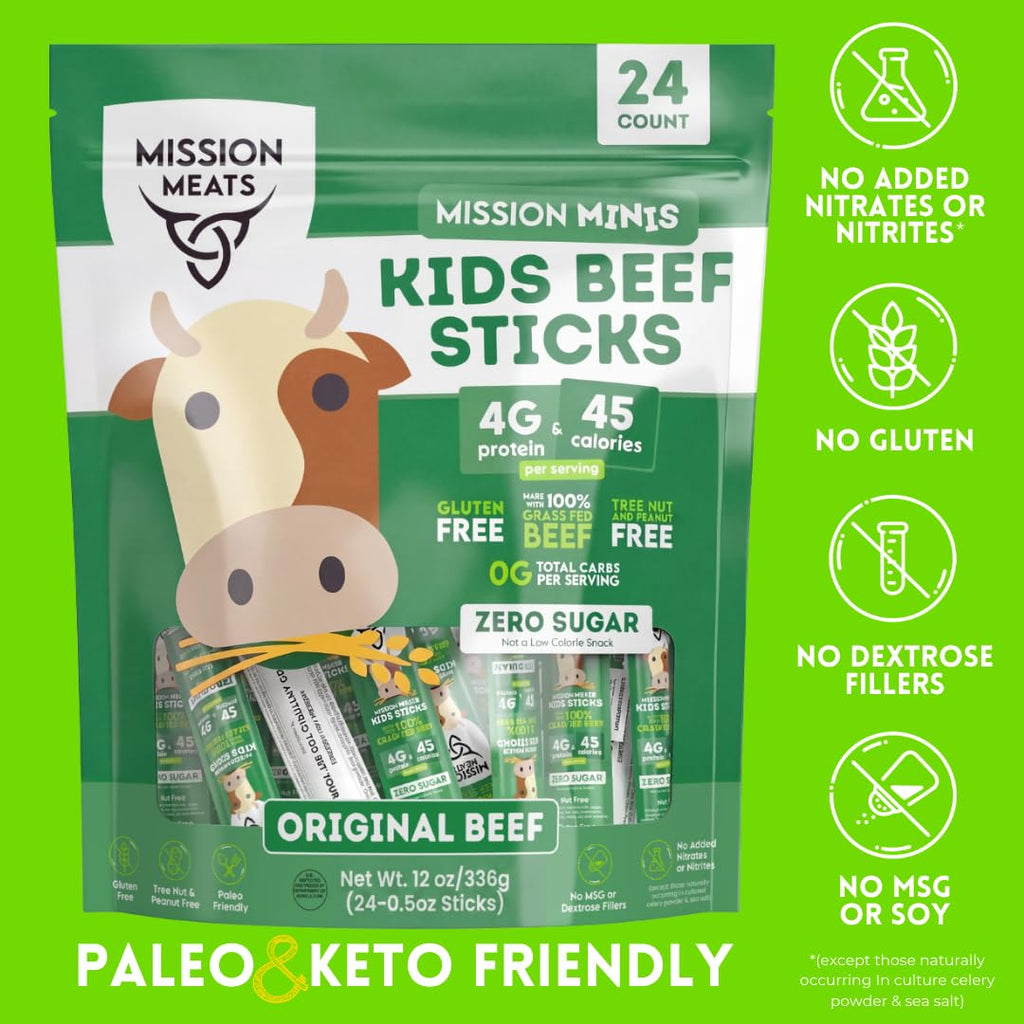 Kids Beef Sticks, 100% Grass Fed, Healthy Snacks for Kids, Zero Sugar, 4G Protein, 45 Calories Gluten & Nut Free, Individually Wrapped, Mini Sticks, 0.5Oz (24Ct Bag)