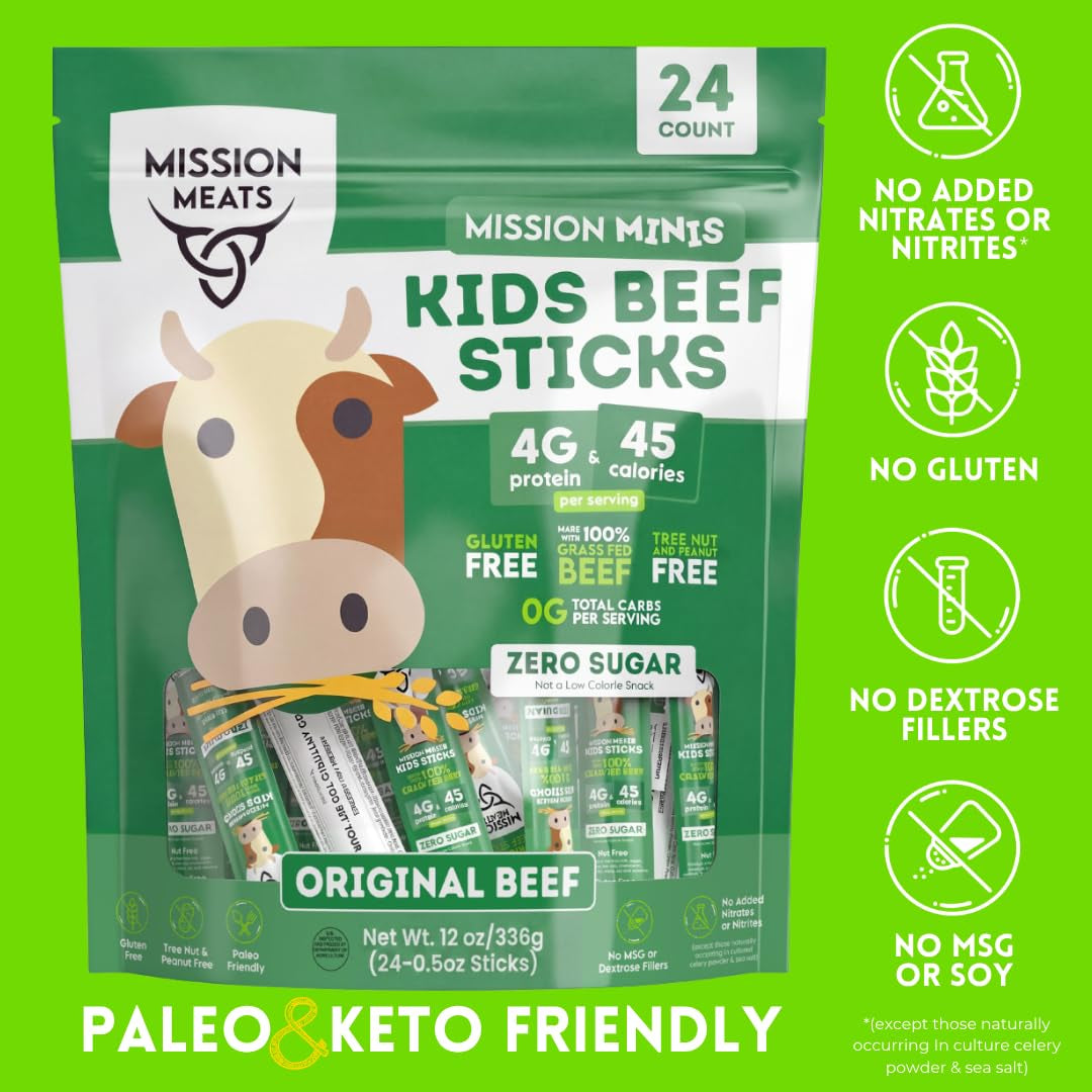 Kids Beef Sticks, 100% Grass Fed, Healthy Snacks for Kids, Zero Sugar, 4G Protein, 45 Calories Gluten & Nut Free, Individually Wrapped, Mini Sticks, 0.5Oz (24Ct Bag)