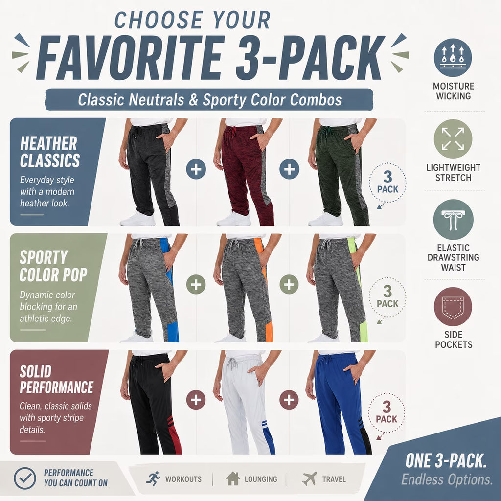 Men’S Dri-Fit Pants 3-Pack, Moisture-Wicking Open Bottom Athletic Pants with Pockets, Drawstring Waist, Sizes S-3XL