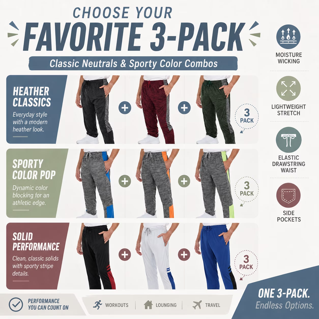 Men’S Dri-Fit Pants 3-Pack, Moisture-Wicking Open Bottom Athletic Pants with Pockets, Drawstring Waist, Sizes S-3XL