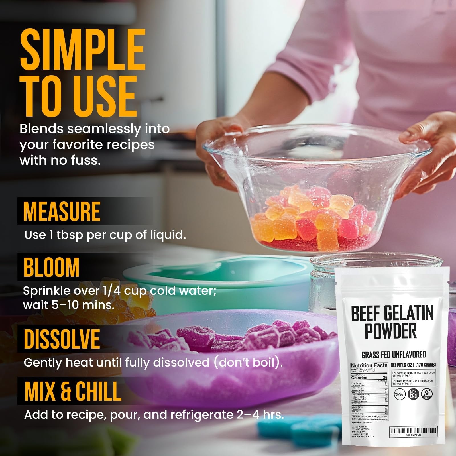 Beef Gelatin Powder 6 Oz - Unflavored, Grass-Fed Thickener for Candy & Sauces