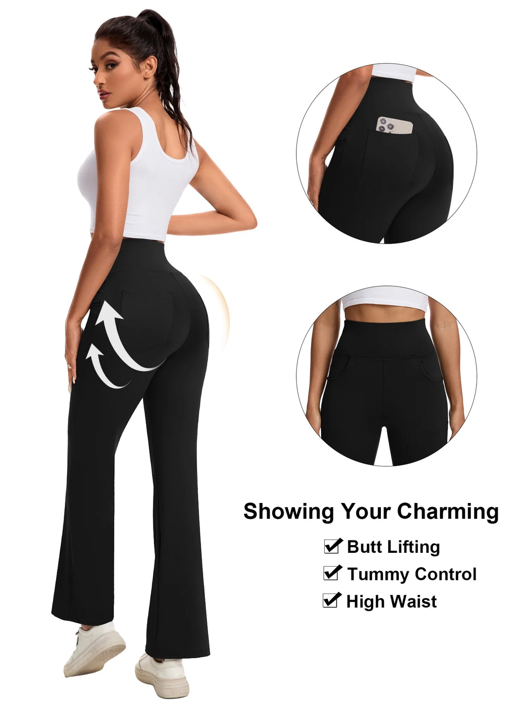 Women Flare Yoga Pants Workout Leggings Ankle Length Pockets Bootcut Bottoms High Waist Activewear L